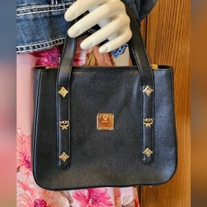 MCM Black Textured Shoulder Bag with Gold Accents